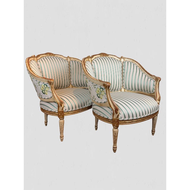 Antique French Painted Frame Chairs Striped Upholstery, Pair For Sale - Image 4 of 15
