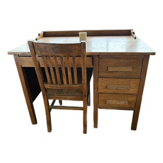 Antique American Solid Oak Teacher's Desk & Mission Style Chair – 2 Piece Set For Sale