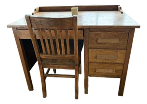 Antique American Solid Oak Teacher's Desk & Mission Style Chair – 2 Piece Set