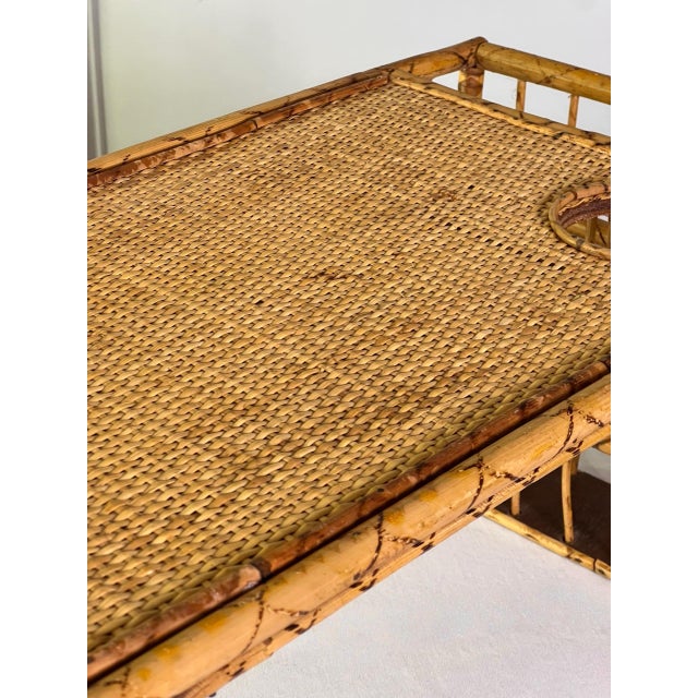 Near Pair of 1960s Bamboo and Rattan Bed Trays With Drink and Magazine Holder For Sale - Image 9 of 13