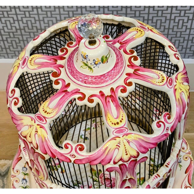 Mid 20th Century Large French Rococo Hand-Painted Porcelain Bird Cage With Original Floral Tray & Bird For Sale - Image 5 of 17