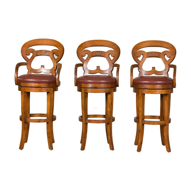 Swivel Bar Stools with Carved Backs and Faux Leather Seats – Set of 3 For Sale - Image 4 of 12