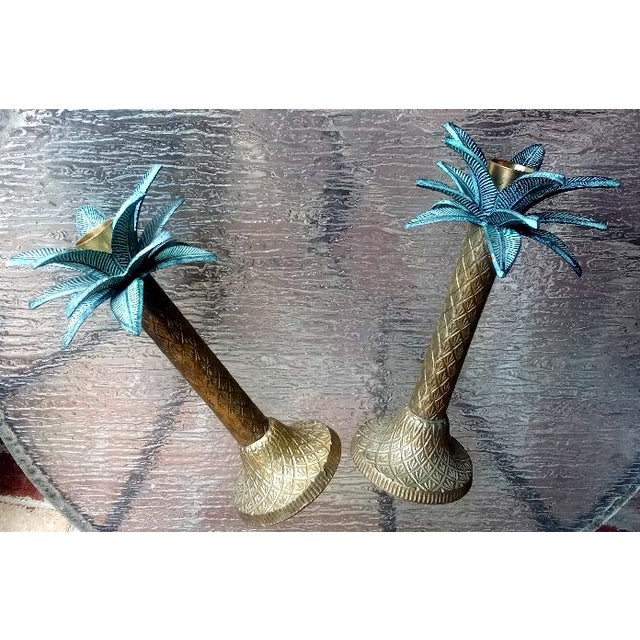 Vintage Brass Palm Tree 6” Candlesticks - A Pair For Sale - Image 4 of 5