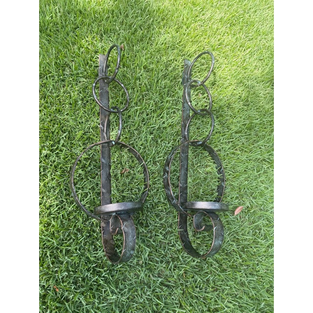 Spanish Revival Hand-Forged 25” Metal Wall Candle Sconces With Verdigris Patina, a Pair For Sale - Image 3 of 10