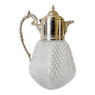 Vintage Continental Silver-Plated & Diamond Cut Glass Pitcher For Sale