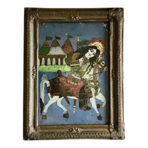 Antique Persian Qajar Dynasty Reverse Glass Painting – Equestrian Warrior in Ornate Gilt Frame