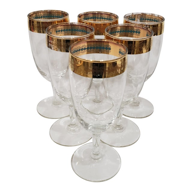 Mid-Century Vintage Culver Ltd. 22k Gold Gilded Wine Glasses - Set of 6 For Sale