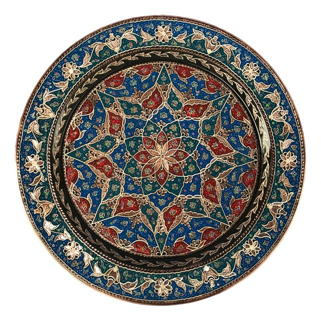 Handmade Inlaid Design Copper Tray For Sale