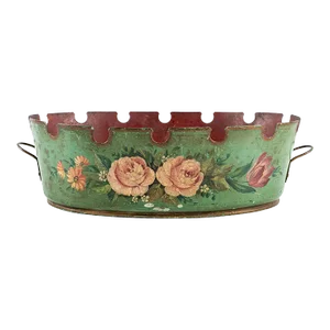 Large Antique 19th Century French Tole Monteith Verrier Rafraichissoir or Planter Cachepot Painted With Pink Roses on a Green Ground
