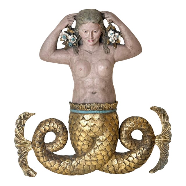 Large Mid-Century Mermaid Wall Relief Sculpture with Hand-Painted Polychrome Gilt, 1950s For Sale