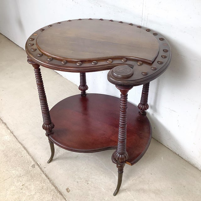Brown Antique Mahogany Two-Tier Kidney Table With Bobbin Turned Legs and Brass Feet For Sale - Image 8 of 12