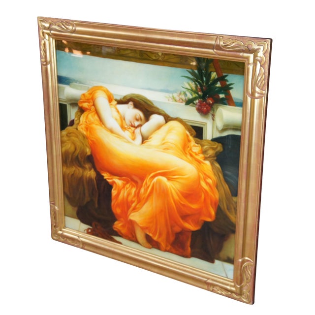 Vintage resin coated oil painting titled Flaming June, after Lord Frederic Leighton. This painting depicts a young...
