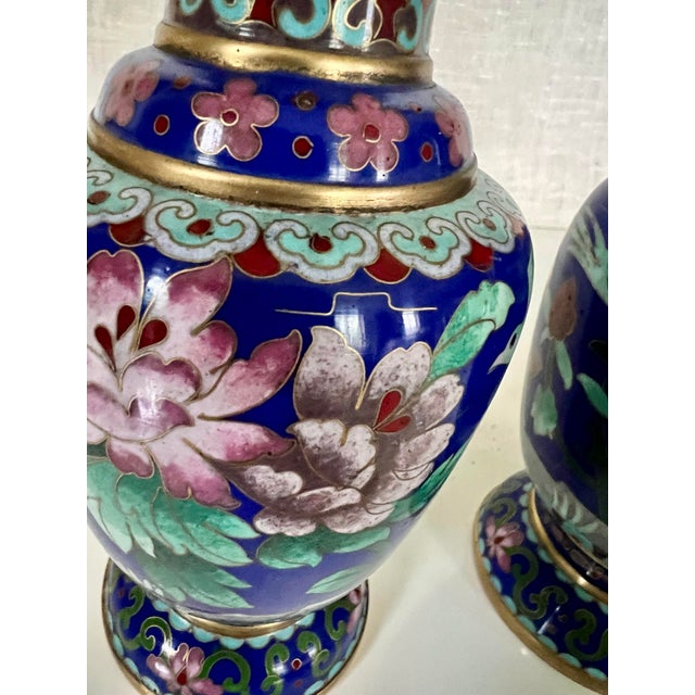 Metal Pair of Mid-Century Cloisonné Bud Vases, Cobalt Blue With Bird and Blossom Motif For Sale - Image 7 of 12