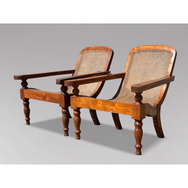 Large Vintage Teak and Cane Colonial Planters Chairs, 1920, Set of 2 For Sale - Image 9 of 12