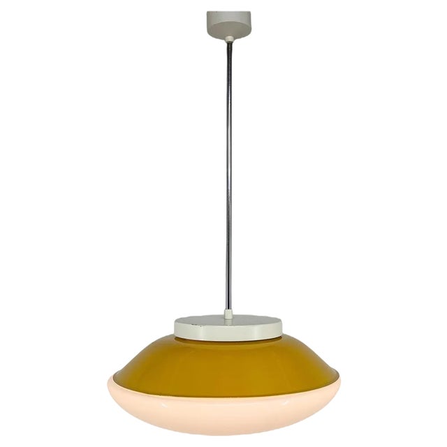 Mid-Century Milk Glass & Metal Ufo Pendant, Czechoslovakia, 1970s For Sale