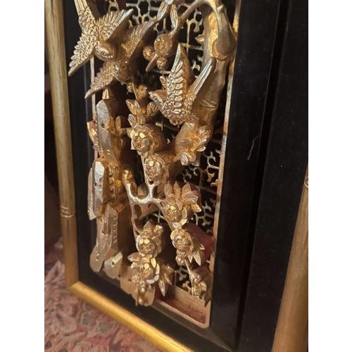 Gold Vintage Chinese Giltwood Carved Relief Wall Hanging With Birds Flowers and Trees For Sale - Image 8 of 10
