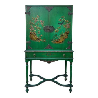 Antique Green Chinoiserie Dry Bar Cabinet on Legs For Sale
