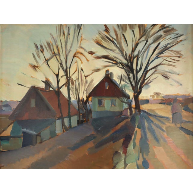 Brown Mid-Century Modern 'The Quiet Road Home' Original Swedish Landscape Street Scene Oil Painting, Framed For Sale - Image 8 of 11