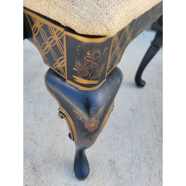 1970s Hollywood Regency Hand Painted Chinoiserie Black Birds Scene Queen Anne Side Arm Chairs-a Pair For Sale - Image 11 of 13