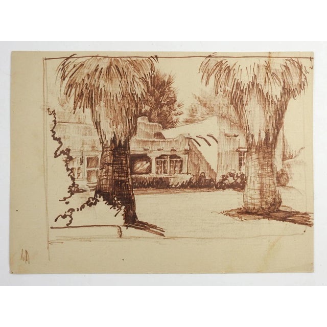 Drawing on tan paper of adobe house with palm trees. Unsigned. Unframed.