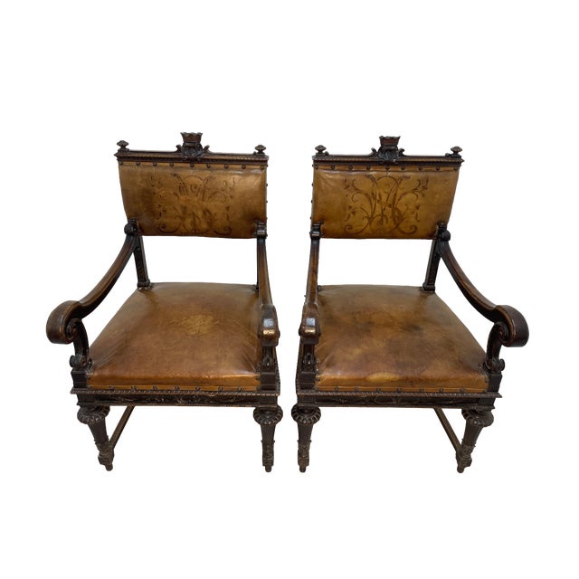Set of 8 Italian Walnut Dining Chairs With Embossed Leather, Late 19th Century For Sale - Image 4 of 18