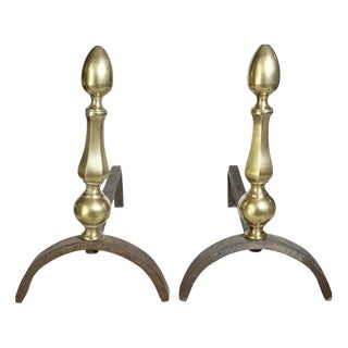 Andirons with Brass Finials, France, 1930s, Set of 2 For Sale