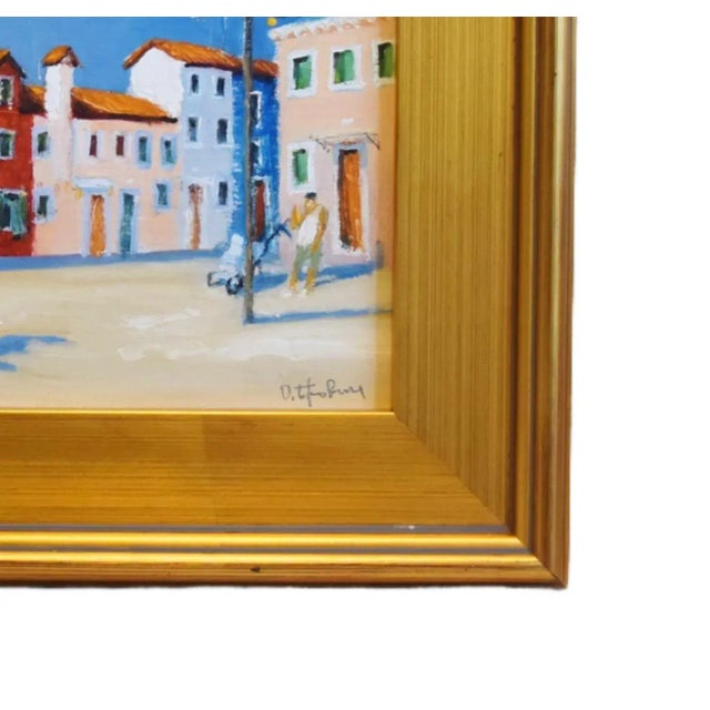 Colorful Mediterranean Seaside Village Cityscape Painting Including the Antiqued Gold Wood Frame For Sale - Image 4 of 7