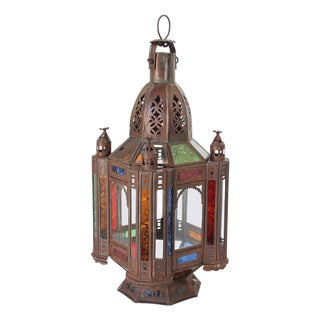 Handcrafted Moroccan Tole and Glass Lantern, Moorish Style, 1960 For Sale