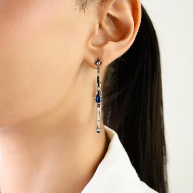 Mid 20th Century Classic European Inside Out Blue Sapphire Diamond 14k Gold Vintage Hoop Earrings For Sale - Image 5 of 15