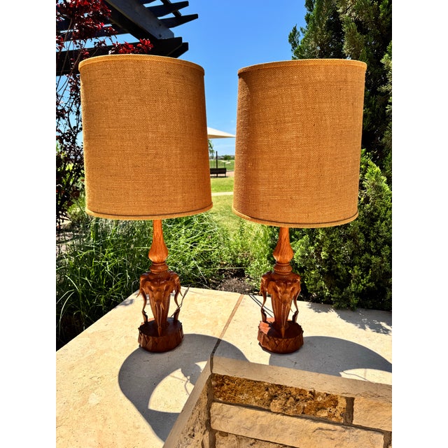 C. 1960s Mid Century Pair Carved Teakwood Elephant & Lotus Form Table Lamps For Sale In Austin - Image 6 of 6