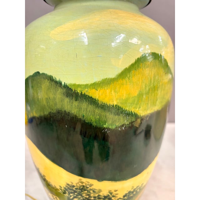 Green 1960s Hand Painted Village Scene Table Lamp For Sale - Image 8 of 14