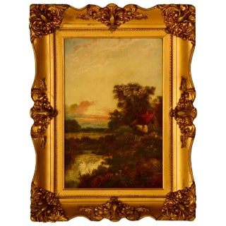Antique E. Cole Oil on Canvas Sunset Cottage Landscape For Sale