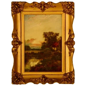Antique E. Cole Oil on Canvas Sunset Cottage Landscape