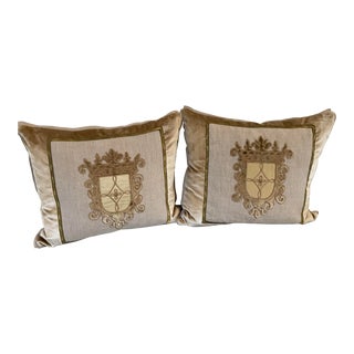 Embroidered Pillows With Silk Velvet Appliqué Crest on a Linen Insert - a Pair For Sale