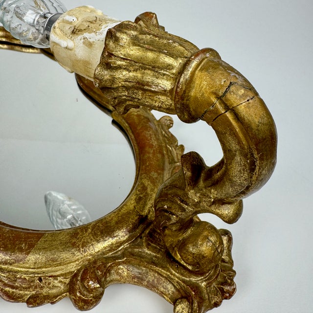 Vintage Rococo Style Gilded Wood Wall Mirror with Lamp, Italy, 1950s For Sale - Image 6 of 7