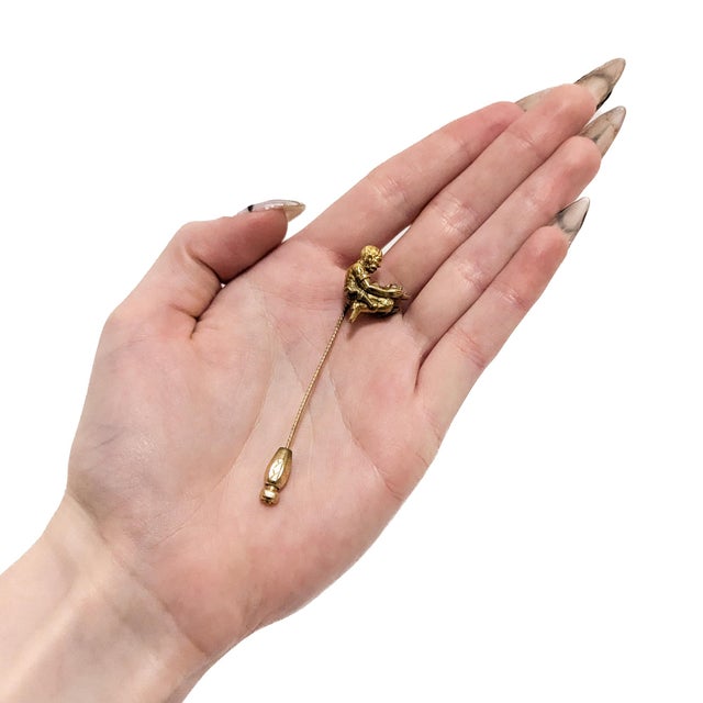 Late 20th Century Antique 9k Gold & Diamond Figural Gold Panning Miner Stick Pin For Sale - Image 5 of 15