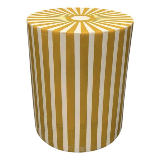 Contemporary Moroccan Resin-Inlay Sunburst Drum Stool or Side Table in Ochre & White For Sale