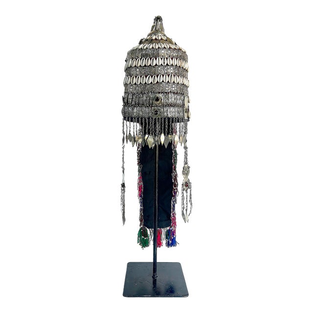 Vintage Turkman Bridal Ceremonial Headdress, Heavily Adorned on Stand For Sale