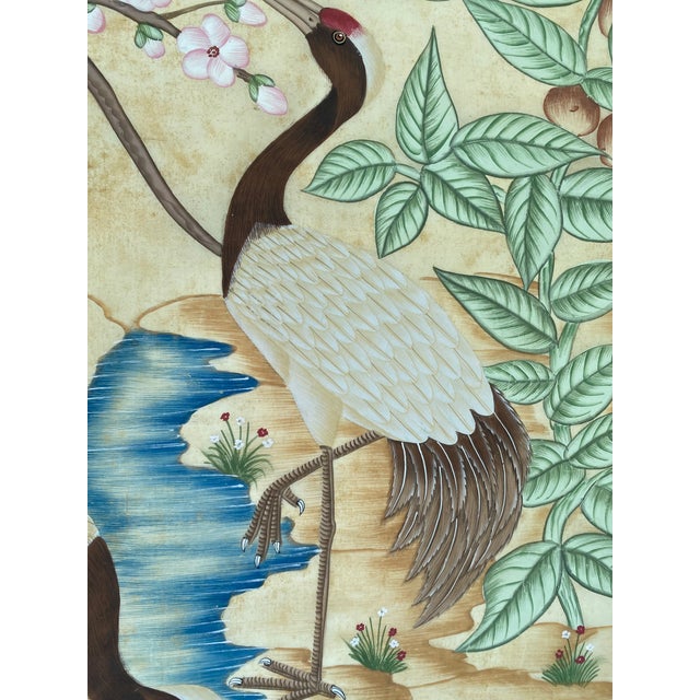 Contemporary 1990s Blossoms and Cranes in Harmony Gouache Painting on Old Silk"32x44 Inches " For Sale - Image 3 of 10