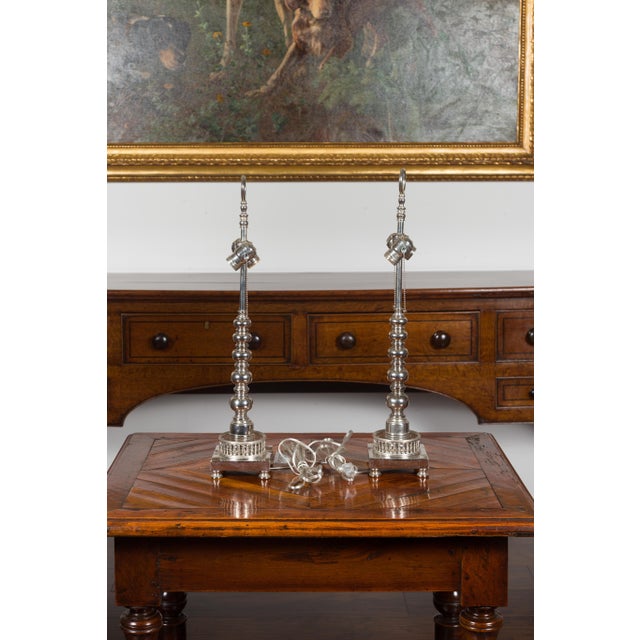 Silver 1940s English Two-Light Silverplate Bobbin Lamps with Pierced Galleries - Pair For Sale - Image 8 of 9
