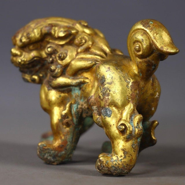 Antique Gilt Bronze Guardian Lion – 3.1" Foo Dog Statue With Verdigris Patina For Sale - Image 4 of 9