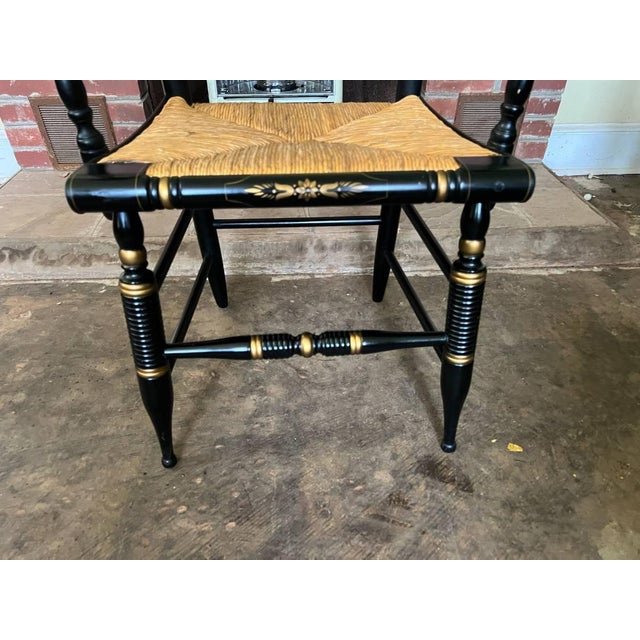 English Pair of Vintage L. Hitchcock Late Federal Style Grain-Painted & Gilt-Stenciled "Fancy" Rush Seat Armchairs For Sale - Image 3 of 17