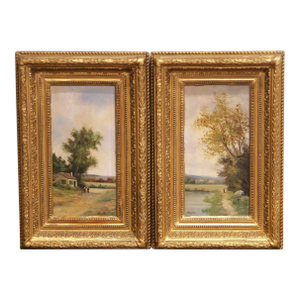 Pair of 19th Century French Barbizon Style Pendant Paintings Signed Baratte