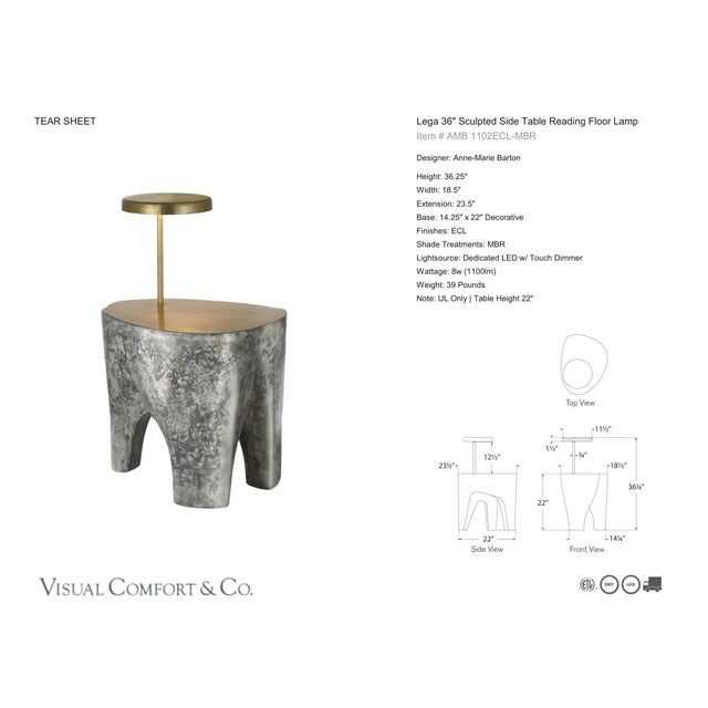 Anne-Marie Barton by Visual Comfort Signature Lega 36" Sculpted Side Table Reading Floor Lamp in Eclipse with Museum Brass...