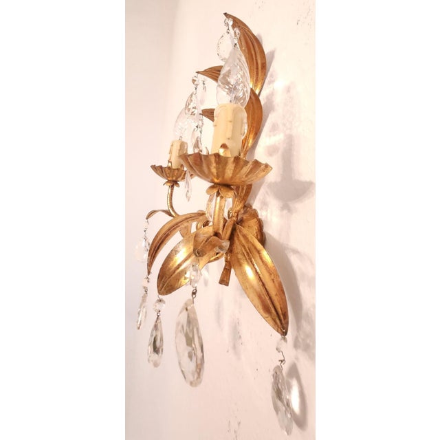 Vintage Two-Light Wall Lamp with Gold Leaf and Crystals, 1960s For Sale - Image 15 of 18