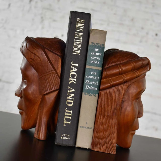 Vintage Mid 20th Century Tribal Carved Wood Figural Bookends Heads Only For Sale - Image 10 of 13