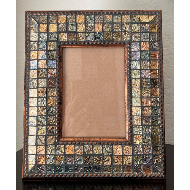Circa 2000 Byzantine-Inspired Multi-Color Embossed Metal & Glass Mosaic Wooden Gilt Picture Frame For Sale In Austin - Image 6 of 12