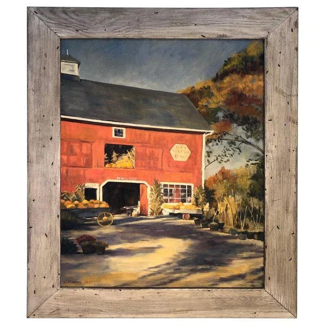 1970s Autumn Barn Landscape and Oil on Canvas of Red Barn Signed J. Preece For Sale - Image 13 of 13