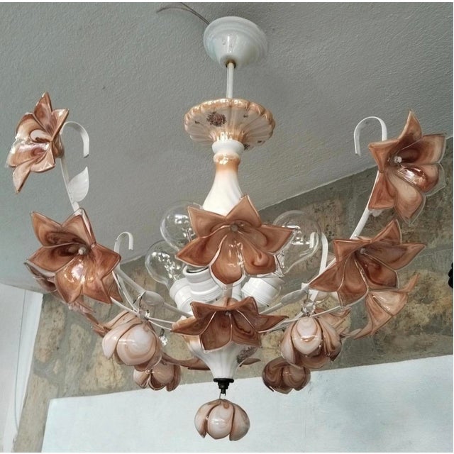 Amber Vintage Italian Porcelain & Amber Brown Murano Glass Flower Chandelier For Sale - Image 8 of 10