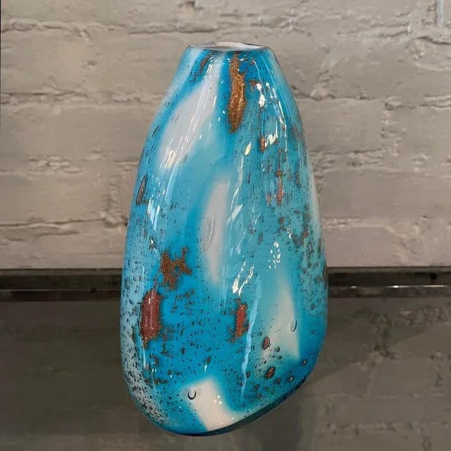 Sky Blue 1960s Gradient Blue Gold Fleck Murano Attributed Glass Vase, Pear Shape For Sale - Image 8 of 12